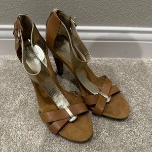 Nine West Tan/Gold Strappy Heel Sandals, 4.5" heel - size 11